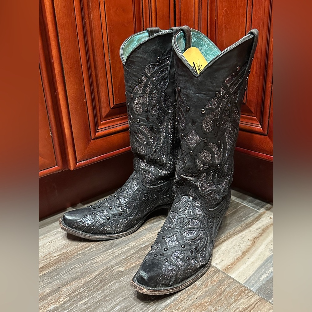 Corral Oryx Black Glitter Studded Cowboy Boots C3423 Size 7.5 Cowgirl Rodeo - Picture 3 of 14